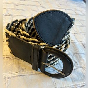 APT.9 WIDE BLACK AND CREAM WOVEN ON BRAZILIAN LEATHER INDIA MADE WOMENS BELT L
